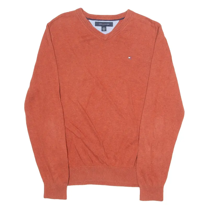 TOMMY HILFIGER Mens Jumper Orange V-Neck Tight Knit M