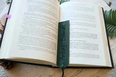 Leather Bookmark Personalized - Green Color , Real Leather, Same Day Shipping, Free Shipping US