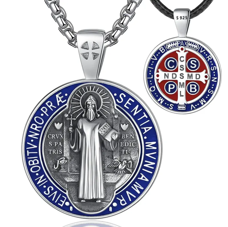 925 Sterling Silver Saint Benedict Pendant Bible Verse Prayer Necklace Amulet Jewelry for Men Women