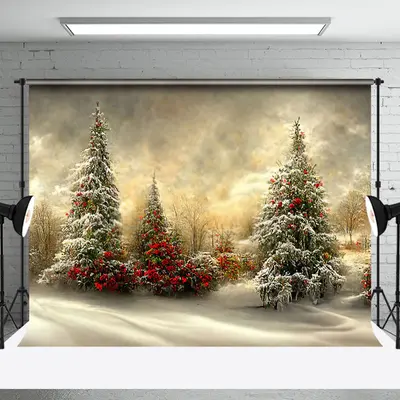 Sunset Snowy Pine Trees Festive Christmas Backdrop - Aperturee