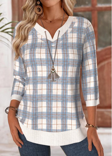 Modlily Blue Tummy Coverage Plaid Long Sleeve T Shirt - XL