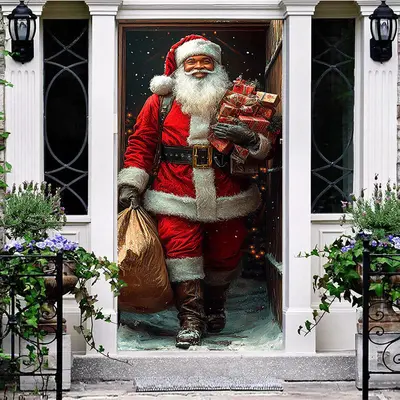 Snowy Kindly Santa Claus Gifts Christmas Door Cover - Aperturee