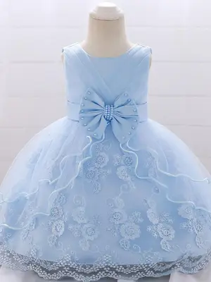 Girl's Floral Embroidery Zip Up Dress, Elegant Bow Decor Sleeveless Princess Dress for Party Wedding Guest, Kids Clothes for ...