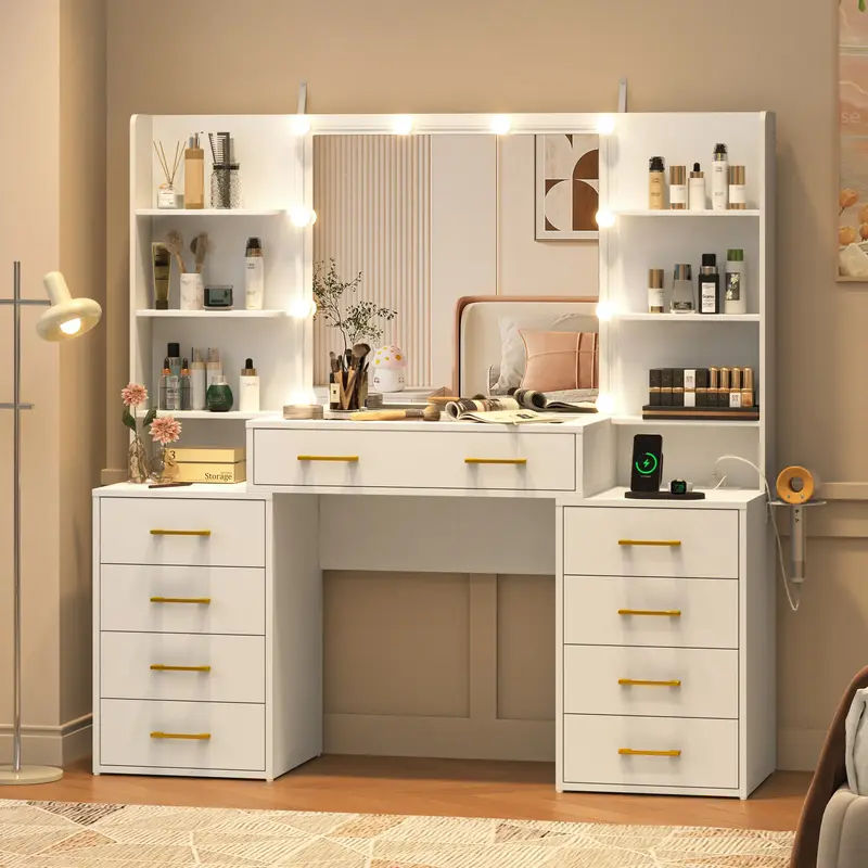 Vanity Desk with Mirror & LED Lights, Glass Top Vanity Desk with Charging Station & Compartment Storage Drawers, 55/43.5 ...