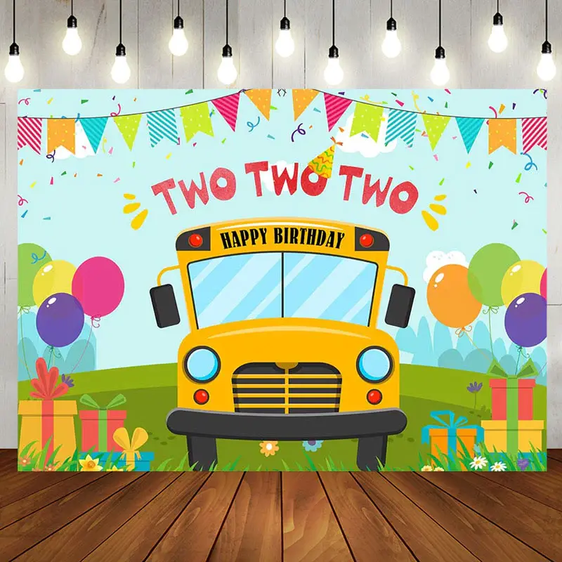 Cartoon Yellow Bus Balloon Gift 2nd Birthday Backdrop - Aperturee