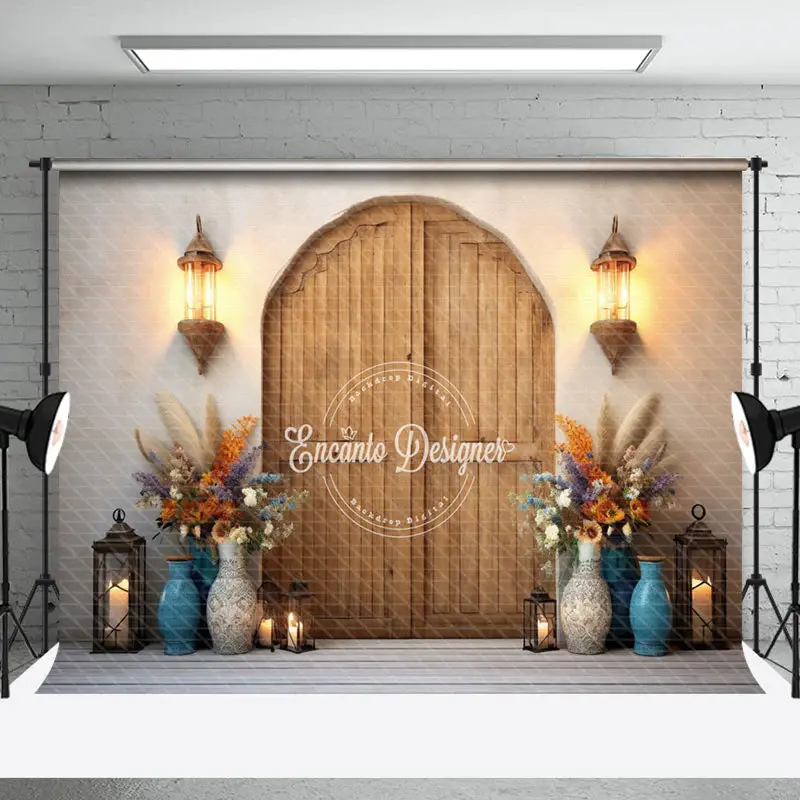 Vase Plant Lights Wood Door Boho Photo Backdrop - Aperturee