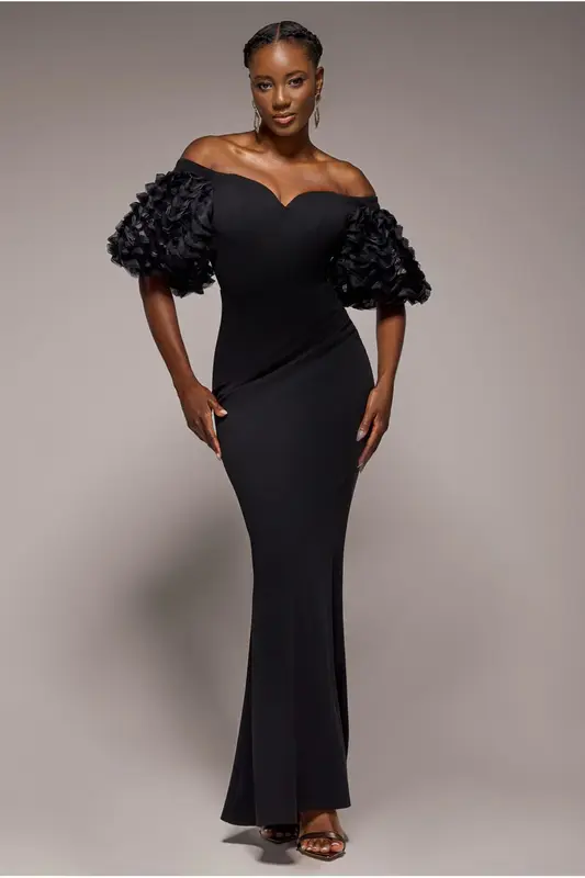 Goddiva Off The Shoulder 3D Puffed Sleeve Sweetheart Maxi Dress - Black