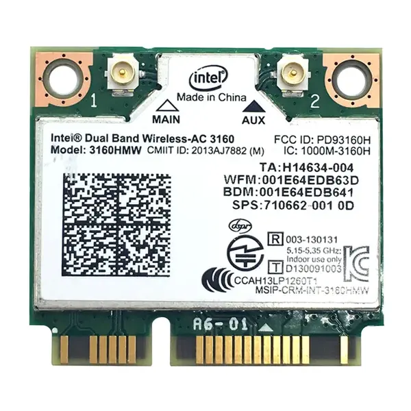 3160.HMWWB Intel Wireless-AC 3160 Dual Band 2.4GHz / 5GHz 433Mbps IEEE 802.11a/b/g/n/ac Bluetooth 4.0 PCI Express HMC Wireles...