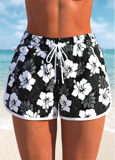 Modlily High Waisted Floral Print Black Swim Shorts - M