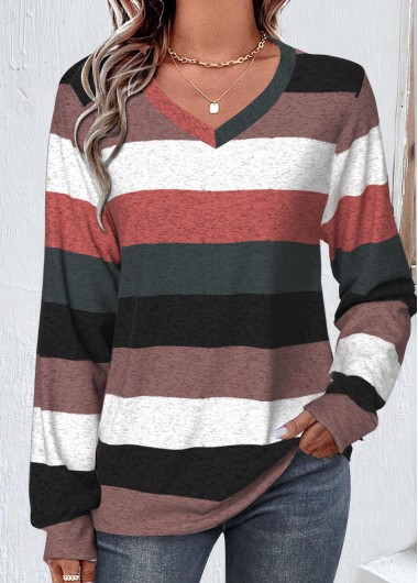 Modlily Multi Color Patchwork Striped Long Sleeve V Neck Sweatshirt - XXL