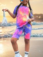 Girl's Tie Dye Print Short Sleeve Tee & Elastic Waist Shorts Set, Casual Round Neck T-shirt & Shorts, Kids Summer Clothes for...