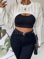 Plus Size Hollow Out Drop Shoulder Crop Sweater, Casual Long Sleeve Crew Neck High Low Jumper for Spring & Fall, Women's Plus...