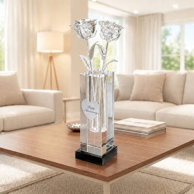 2 Illuminated 11 Platinum Roses in 8 Personalized Crystal Vase