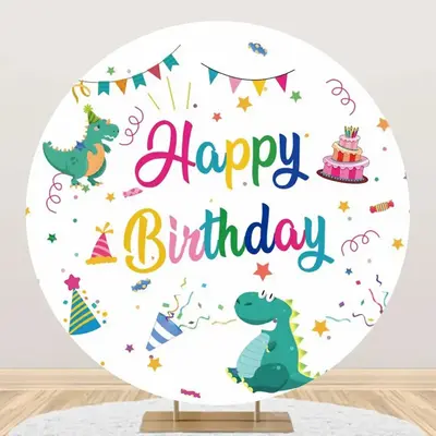Colorful Ribbons Dinosaurs Round Birthday Backdrop - Aperturee