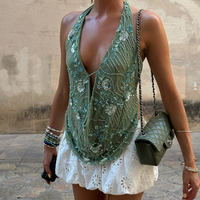 Women's Halter Neck Vest Summer Sleeveless Open Back Fashionable Sequins Flower Tank Tops Womenswear Check Outdoorfun Light g...