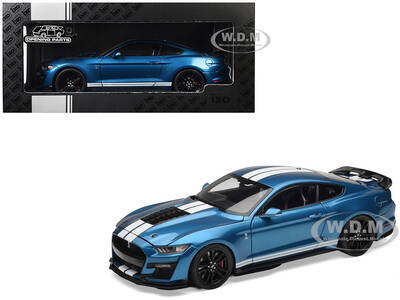 2022 Ford Mustang Shelby GT500 Blue Metallic with White Stripes 1/18 Diecast Model Car by IXO Models