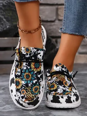 Women's Fashion Sunflower & Leopard & Cow Print Lace Up Low Top Sneakers, Casual Comfortable Sports Running Shoes for Daily W...