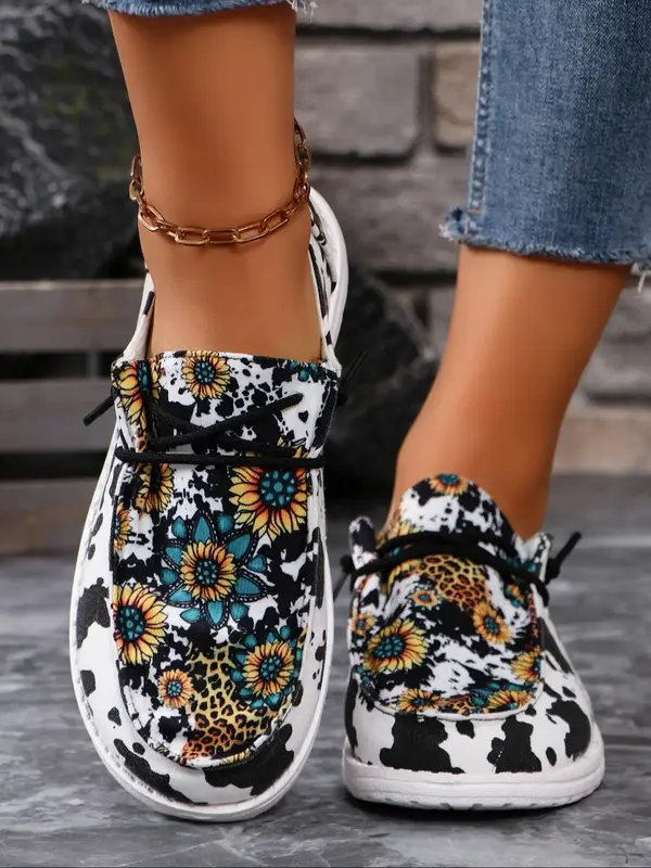 Women's Fashion Sunflower & Leopard & Cow Print Lace Up Low Top Sneakers, Casual Comfortable Sports Running Shoes for Daily W...