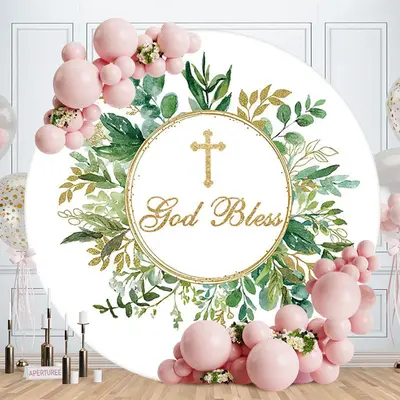 Aperturee Green Leaves Gold Glitter Round Baby Shower Backdrop