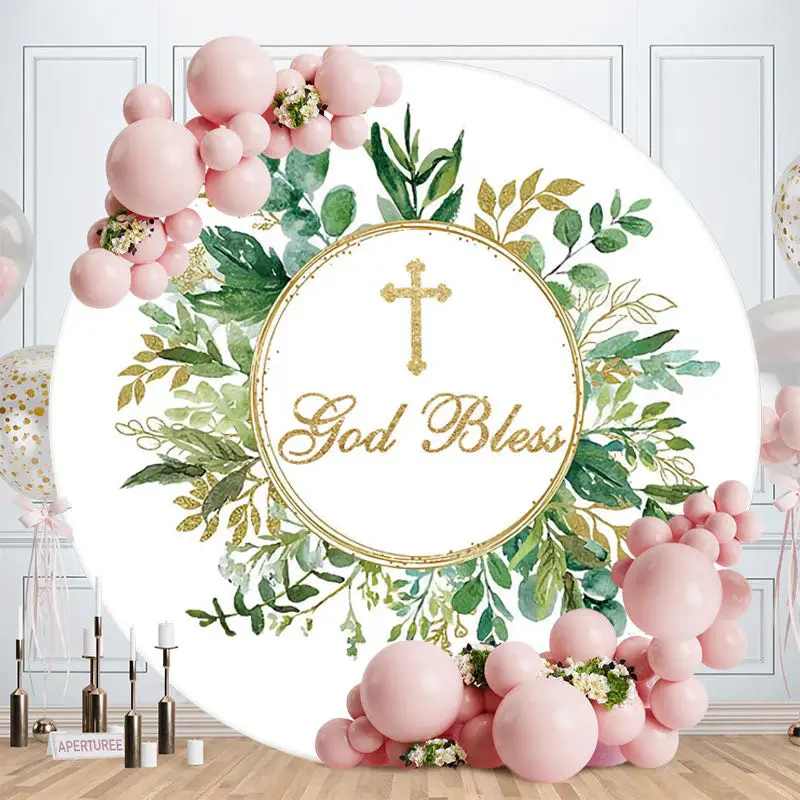 Aperturee Green Leaves Gold Glitter Round Baby Shower Backdrop