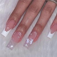Effortless Faux Pearl Decor Butterfly Pattern Press on Nails Manicure Set, 24pcs Long Fake Nail with 1 Sheet Tape & 1 Count N...