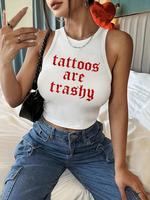 Women's Letter Print Round Neck Crop Tank Top, Casual Sleeveless Cropped Top for Lady Summer, Fashion Women's Top for Daily W...