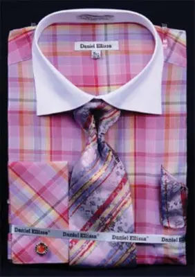Mens New Years Outfit -Daniel Ellissa Windowpane Plaid Pattern French Cuff Red White Collar Two Toned Contrast Men's Dress Sh...