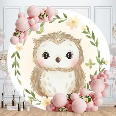 Aperturee Cute Owl Round Yellow Floral Baby Shower Backdrop