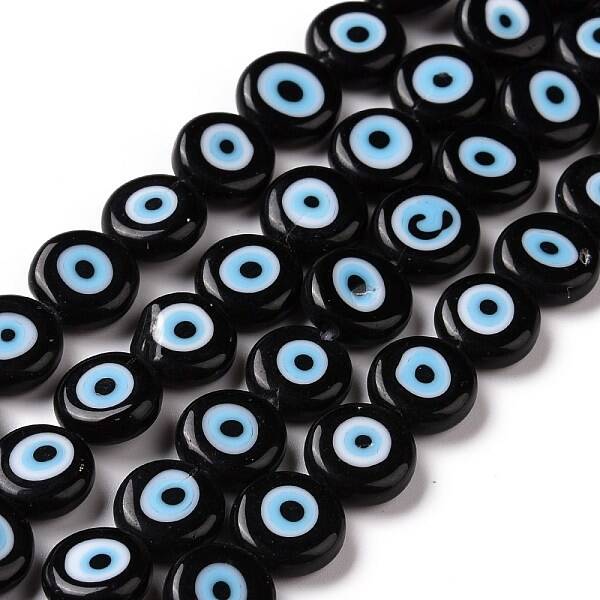 Handmade Evil Eye Lampwork Flat Round Bead Strands