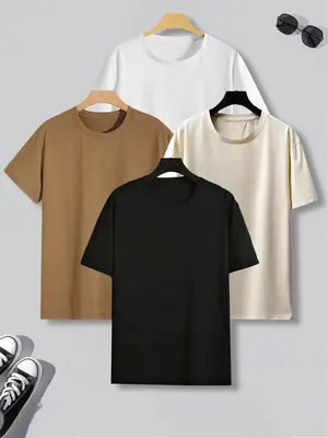Men's 4pcs Solid Drop Shoulder Sleep Tee, Casual Comfy Round Neck Short Sleeve T-shirt for Daily Wear, Men's Sleepwear for Al...