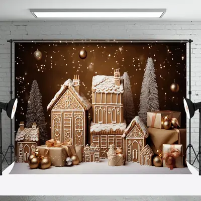 Aperturee White Snowy Gingerbread House Christmas Backdrop - Aperturee