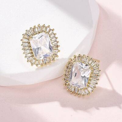 Brass Micro Pave Clear Cubic Zirconia Stud Earrings