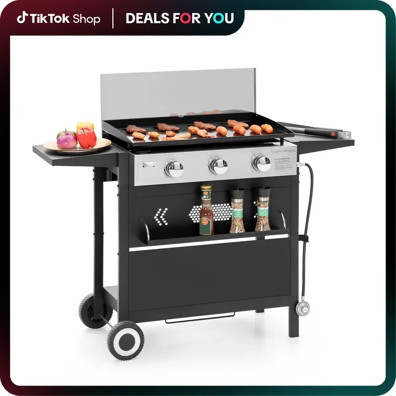 Kitchen Academy 27 Inch Flat Top Grill with Ceramic Coated Cast Iron Pan, 3-Burner Propane Gas, Nonstick Design, Stainless St...