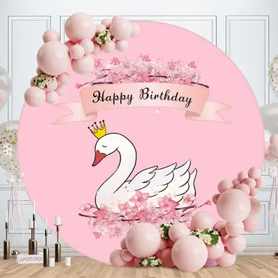 Aperturee White Swan And Pink Floral Round Happy Birthday Backdrop