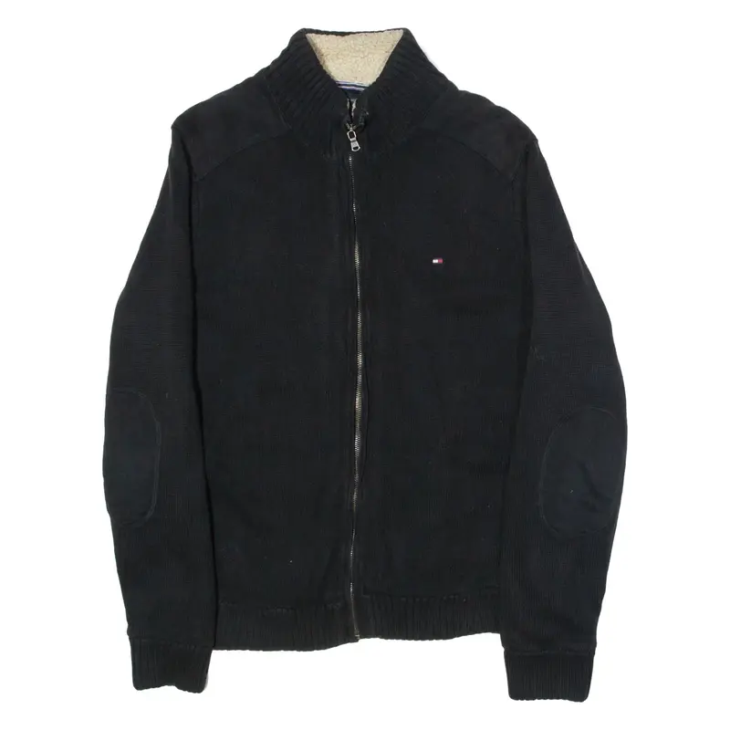 TOMMY HILFIGER Borg Fleece Lined Mens Heavy Knit Cardigan Black High Neck M