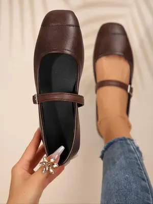 Women's Fashionable Solid Color Square Toe Mary Jane Shoes, Casual Comfortable Brown Buckle Design Shoes for Daily Wear, Al...