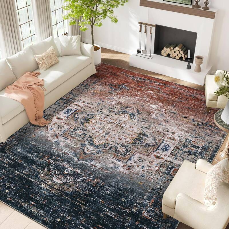 Garvee Washable 9x12 Ombre Vintage Distressed Area Rug Soft Fleece Non-Slip TPR Backing Foldable Living Room Bedroom Dining