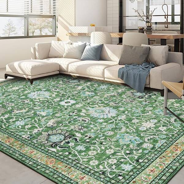 Garvee Persian Grass Green 8x10 Vintage Area Rug Distressed Washable Polyester Soft Texture Neutral Color Living Room Bedroom...