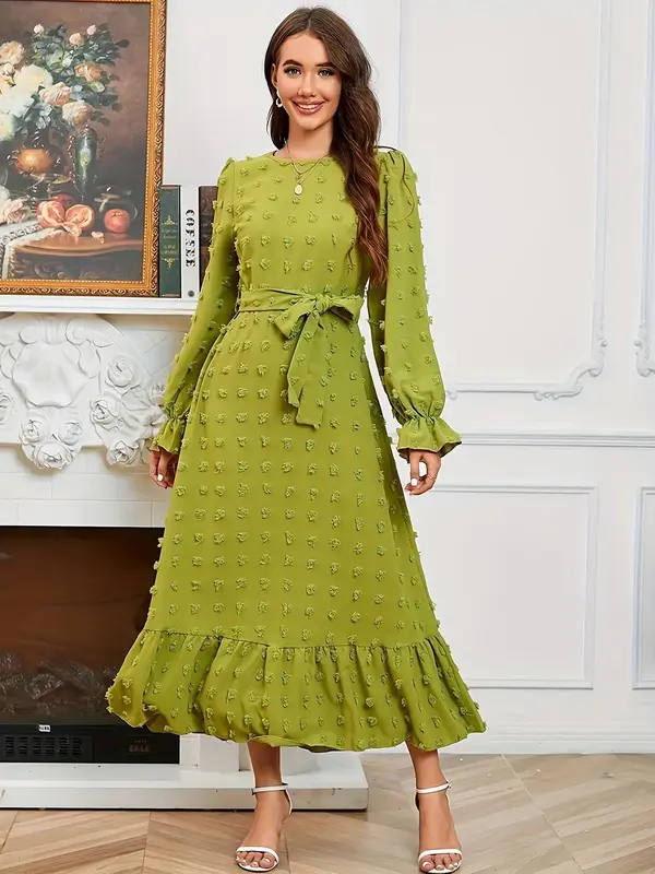 Women's Swiss Dot Ruffle Trim Belted A Line Dress, Elegant Long Sleeve Round Neck Dress for Vacation Holiday Wedding Guest, L...