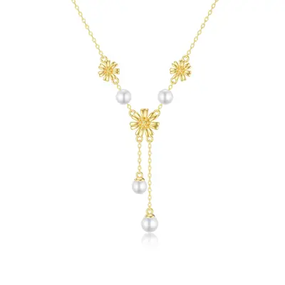 14K Gold Pearl Sunflower Pendant Necklace