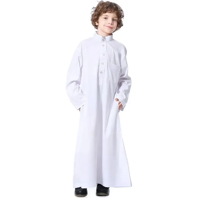 Arabic Muslim Long Sleeve Kaftan Crew Robe with Zipper for Boy/Embroidery/Stripe Print