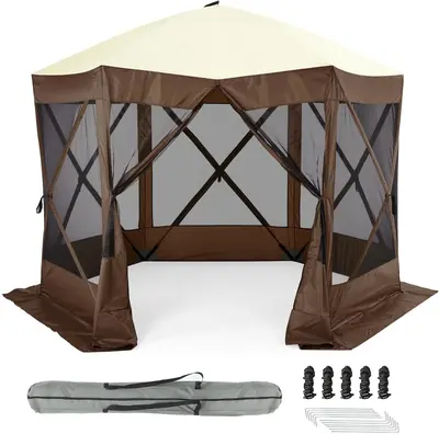 Garvee 10x10ft Portable Pop-Up Camping Gazebo - 6-Sided Canopy Screen Tent with Mesh Windows & Carry Bag for Outdoor, Picnic,...
