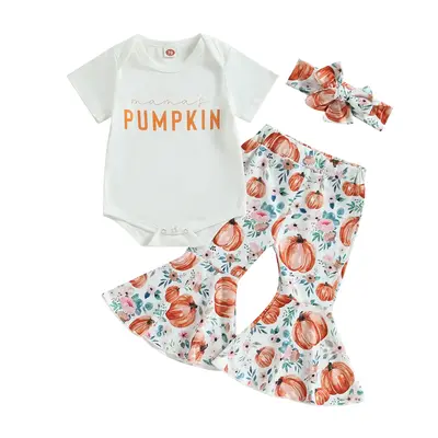 LAGKIYOJ Baby Girls Halloween Clothes 0 3 6 9 12 18Months Short Sleeves Pumpkin Romper and Pumpkin Print Flare Pants Headband...