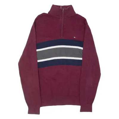 TOMMY HILFIGER Mens Patterned Jumper Maroon Striped 1/4 Zip Tight Knit M