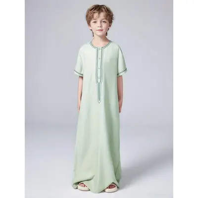 Boys Solid Color Loose Embroidered Muslim Cloth, Casual Crew Neck Short Sleeve Button Shirt For Summer, Middle Eastern-Inspir...