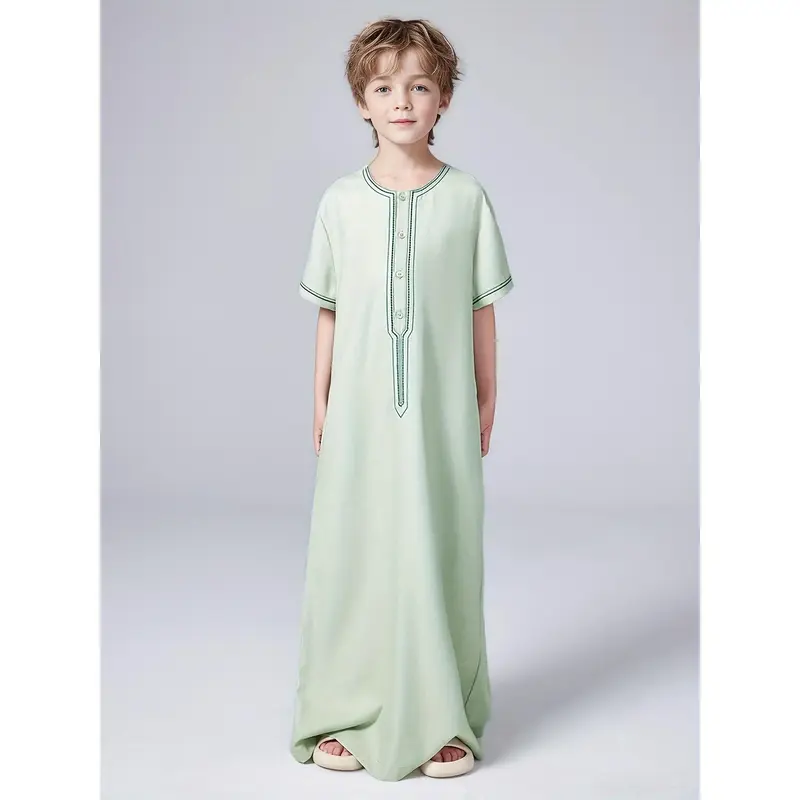 Boys Solid Color Loose Embroidered Muslim Cloth, Casual Crew Neck Short Sleeve Button Shirt For Summer, Middle Eastern-Inspir...