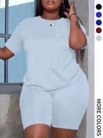【Plus Size】 Two-piece Set Solid Color Tee & Shorts, Casual Baggy Round Neck Short Sleeve T-shirt & Shorts, Women's Two-pi...