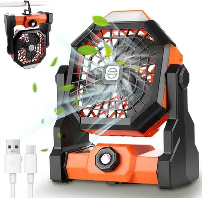 EVEREASY Camping Fan, Extreme Speed Outdoor Fan, USB, 7800 mAh, 3 Level Hook and Light Adjustment, 270° Pivot, Fishing