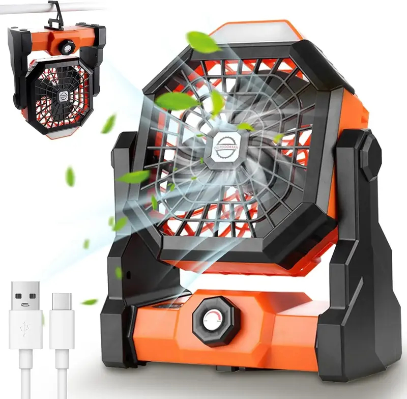 EVEREASY Camping Fan, Extreme Speed Outdoor Fan, USB, 7800 mAh, 3 Level Hook and Light Adjustment, 270° Pivot, Fishing