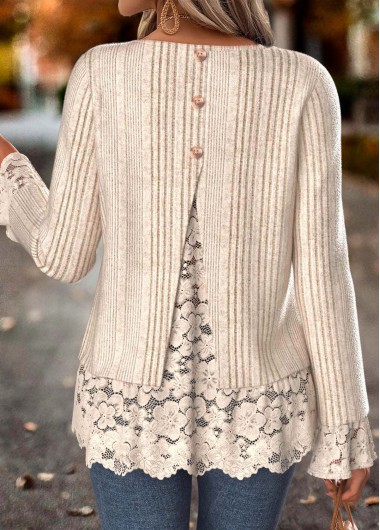 Modlily Skin Color Fake 2in1 Long Sleeve T Shirt - M